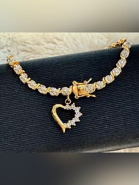 Ross-Simons 18kt Gold over 925 Sterling Tennis Bracelet with Crystal Heart Charm